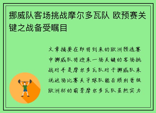 挪威队客场挑战摩尔多瓦队 欧预赛关键之战备受瞩目