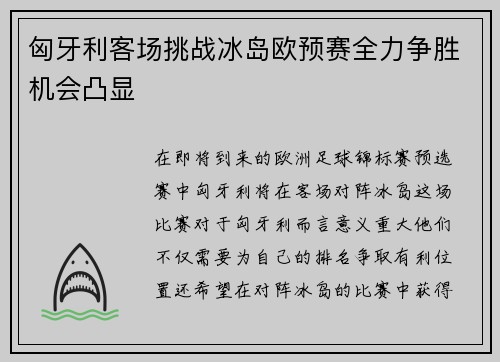 匈牙利客场挑战冰岛欧预赛全力争胜机会凸显