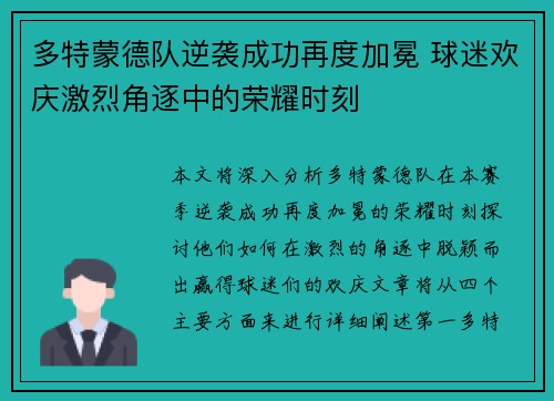 多特蒙德队逆袭成功再度加冕 球迷欢庆激烈角逐中的荣耀时刻