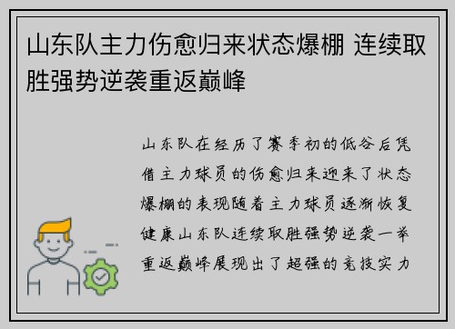 山东队主力伤愈归来状态爆棚 连续取胜强势逆袭重返巅峰