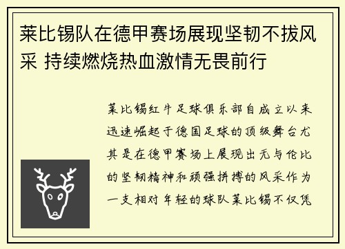 莱比锡队在德甲赛场展现坚韧不拔风采 持续燃烧热血激情无畏前行