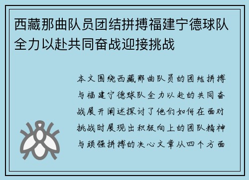 西藏那曲队员团结拼搏福建宁德球队全力以赴共同奋战迎接挑战