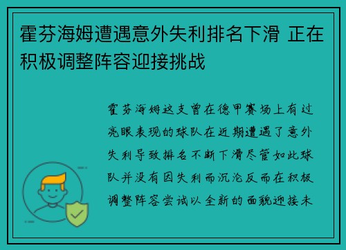 霍芬海姆遭遇意外失利排名下滑 正在积极调整阵容迎接挑战
