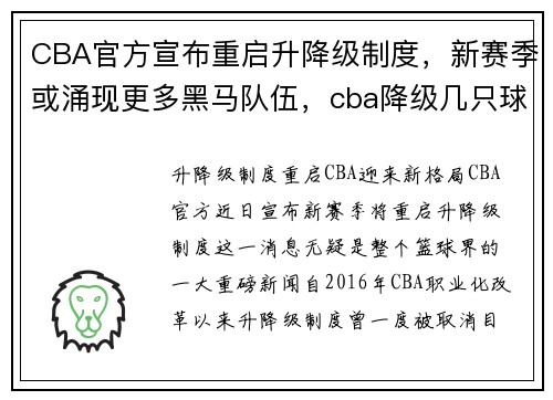 CBA官方宣布重启升降级制度，新赛季或涌现更多黑马队伍，cba降级几只球队_